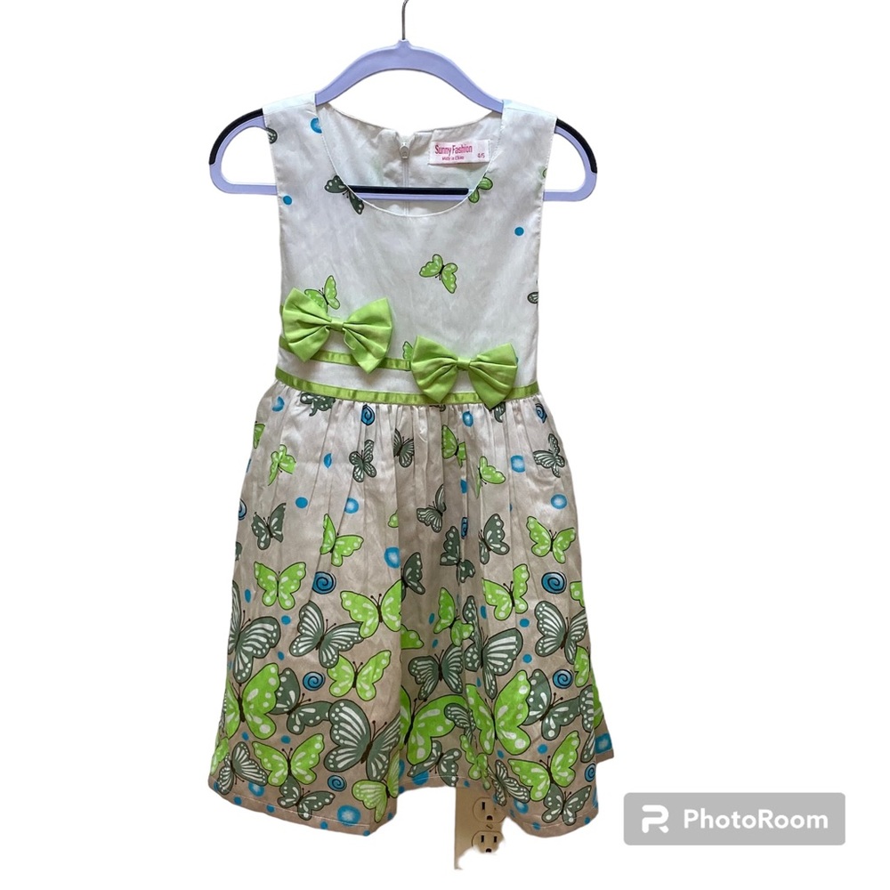 Girl’s Sunny Fashion Butterfly Green/Tan Sleeveless Dress Size 4/5